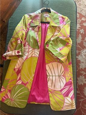 3 Sisters Pink and Green Leaf-Print Trench Coat